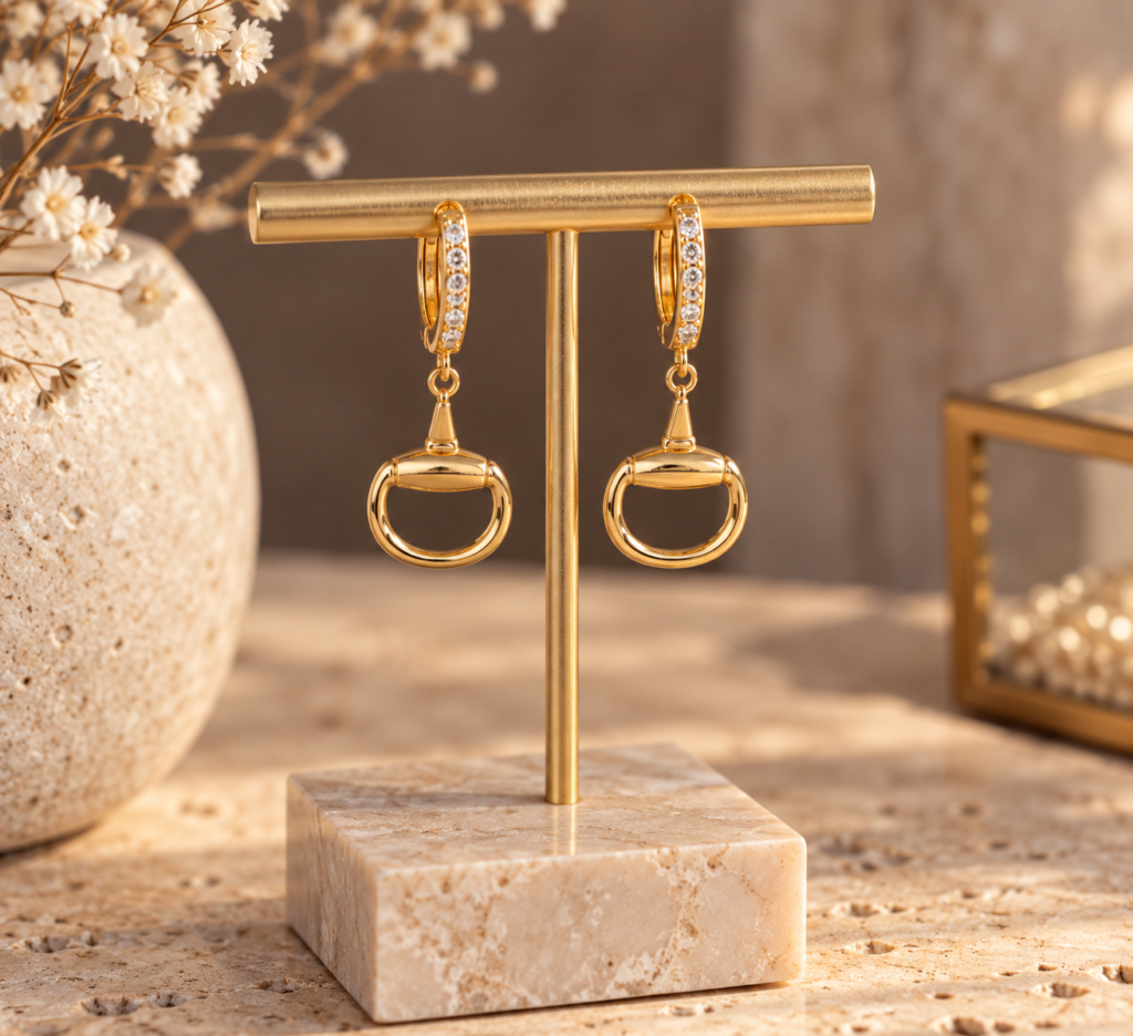 Hoop Earrings with Snaffle Bit with clear stones are displayed on a marble and gold stand. Dried flowers, a glass box, and snaffle bit earrings in the background add warmth and elegance.