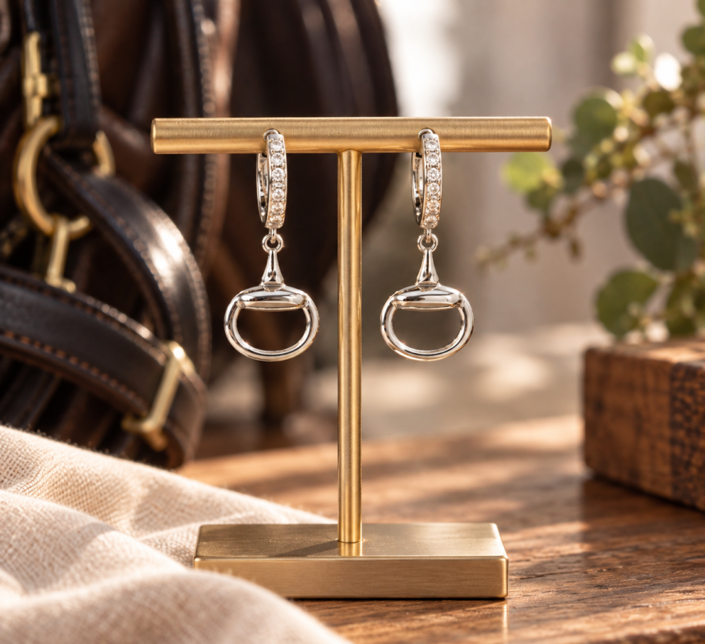 Hoop Earrings with Snaffle Bit featuring clear gemstones and open circular pendants, shown on a gold stand with a leather bag, green plant, and cloth in the background on a wooden surface.