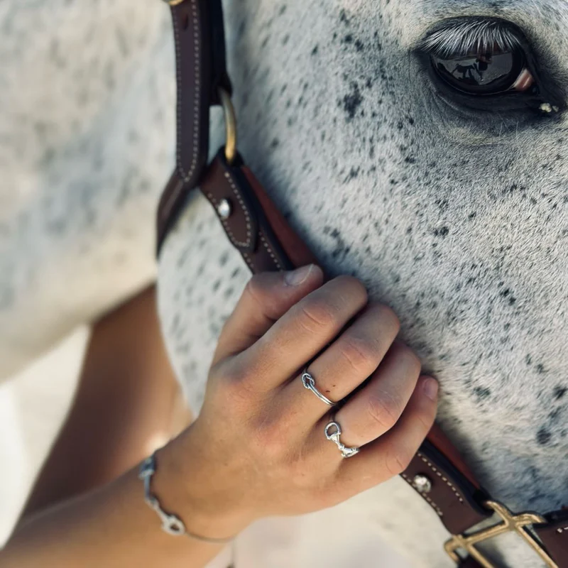A close-up of a hand adorned with the Maya Horse Bit Ring gently holds the face of a white speckled horse wearing a brown leather bridle.
