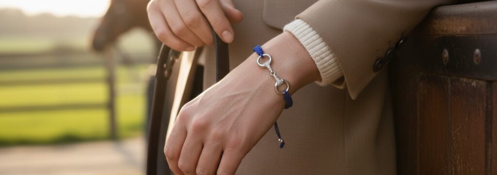 A close-up of a hand in a beige coat resting on a wooden fence, wearing the Takamaka Bracelet—a blue rope accessory with a silver horse bit charm from Equestrian Jewellery Ireland. Greenery is blurred in the background.