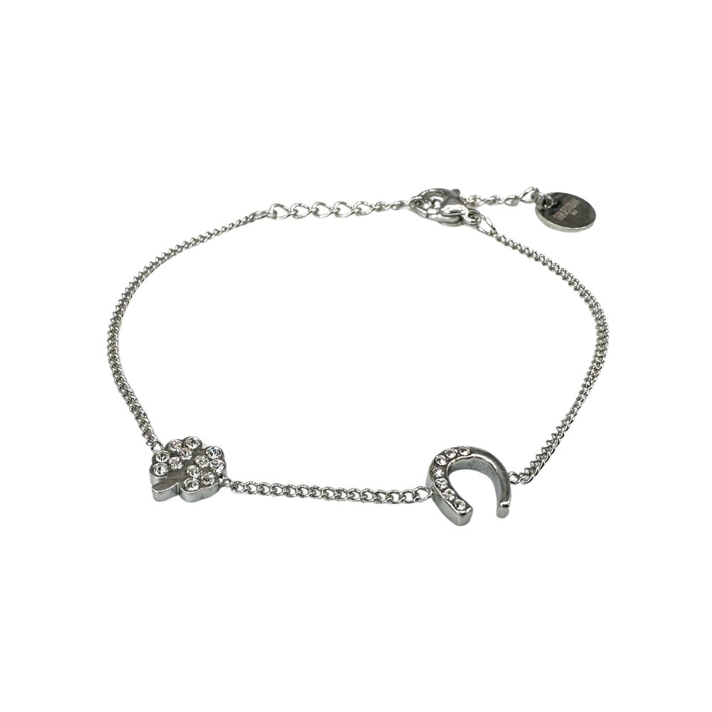 A delicate silver chain bracelet featuring a rhinestone paw print charm and a rhinestone horseshoe charm, with an adjustable clasp and a small round tag at the end.