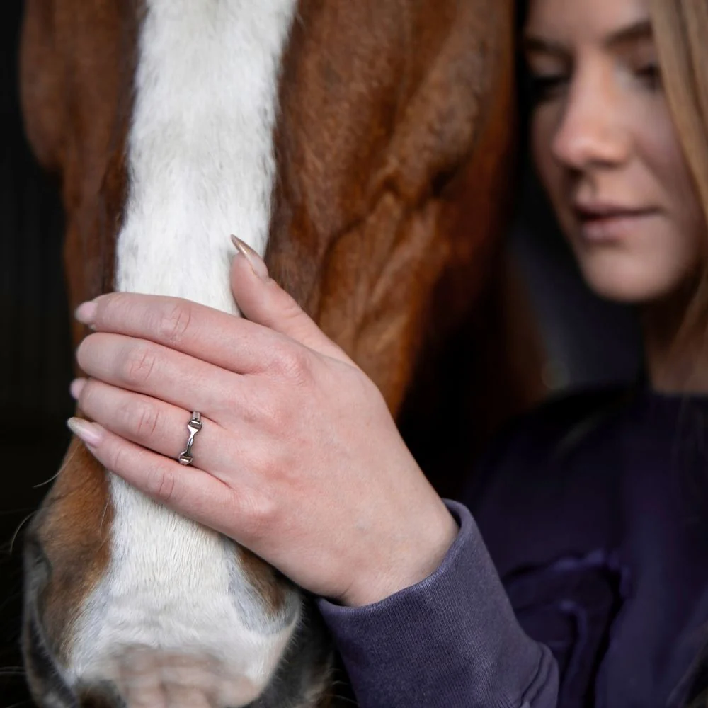 A woman, her hand adorned with the Ana Ring, gently rests it on the white blaze of a brown horse’s face. Her face is partially visible, radiating calmness and affection.