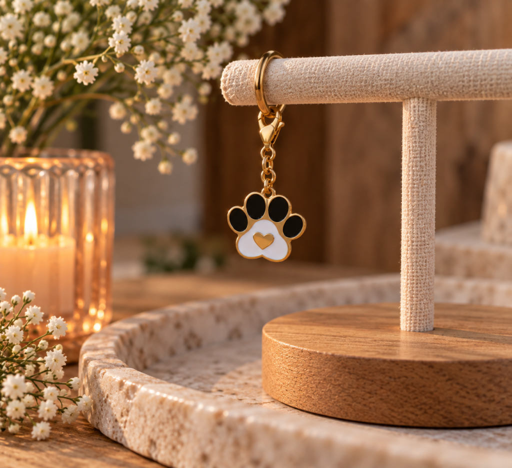 A gold keyring with a black and white paw print charm hangs on a beige holder, surrounded by candles and white flowers—perfect for adding Bridle Charms to your horse accessories collection.