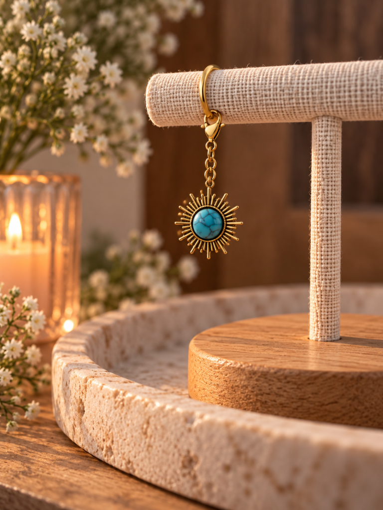 The Bridle Charms gold sunburst pendant with a turquoise centre is displayed on a stand, accented by white flowers and a glowing candle in the background.