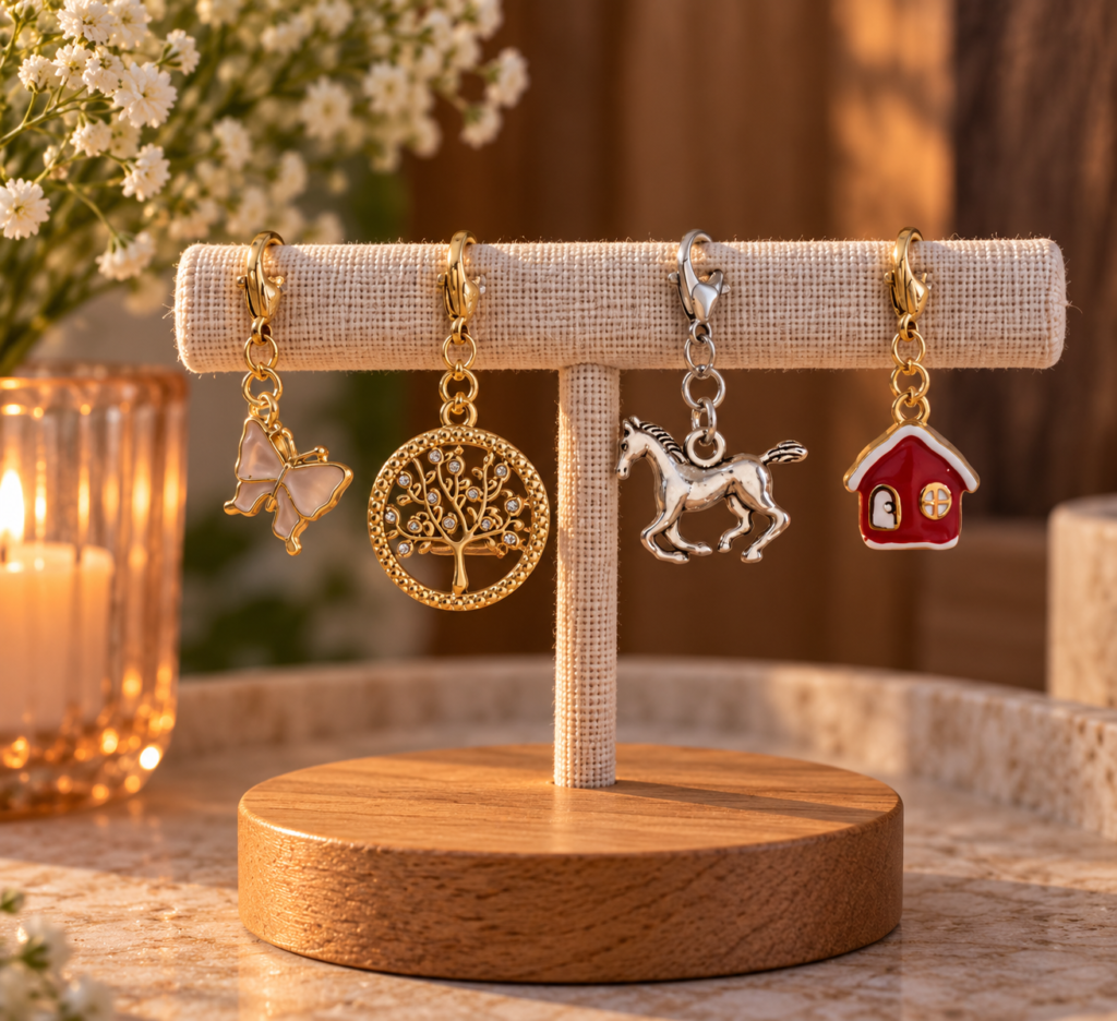 Four decorative Bridle Charms—a butterfly, tree, horse, and red house—hang on a fabric-covered display stand, glowing amid flowers and candlelight. Perfect as bridle charms or equestrian jewellery.