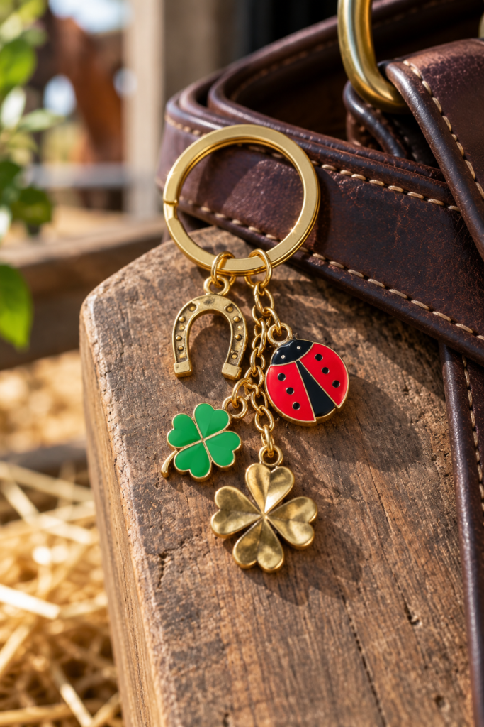 The Lucky Charm Keyring, featuring a gold-tone horseshoe, green enamel and metal four-leaf clovers, and a red ladybird, sits on rustic wood next to a brown leather strap in the warm sunlight.