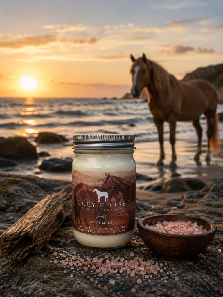 A Salty Mare Jar rests on rocks beside a bowl of pink salt and driftwood, whilst a brown horse stands in shallow sea water at sunset in the background.