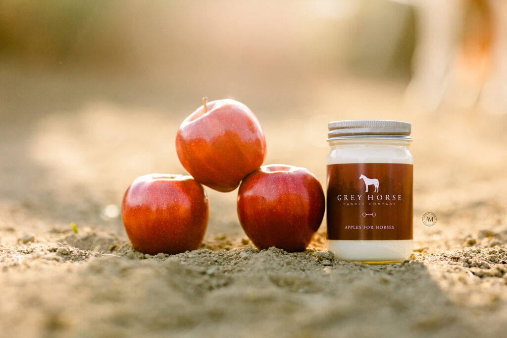 Three red apples are arranged in a triangular stack on sandy ground beside an Apples For Horses Jar. Sunlight filters in, creating a warm, inviting glow that captures the comforting experience of horse treats enjoyed in the open air.