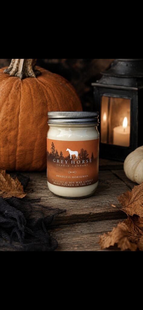 A Headless Horseman Jar candle in Grey Horse rests on a table with a pumpkin, a glowing lantern, scattered autumn leaves, and dark fabric, creating a cosy autumn ambience.