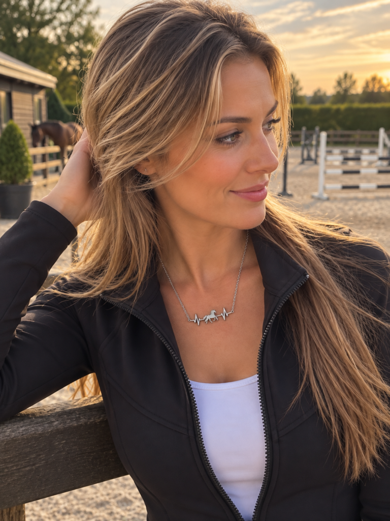 A woman with long blonde hair, wearing a black jacket and white top, stands outdoors by a wooden fence, smiling and looking to the side. Equestrian jumps and a stable are visible in the background at sunset.