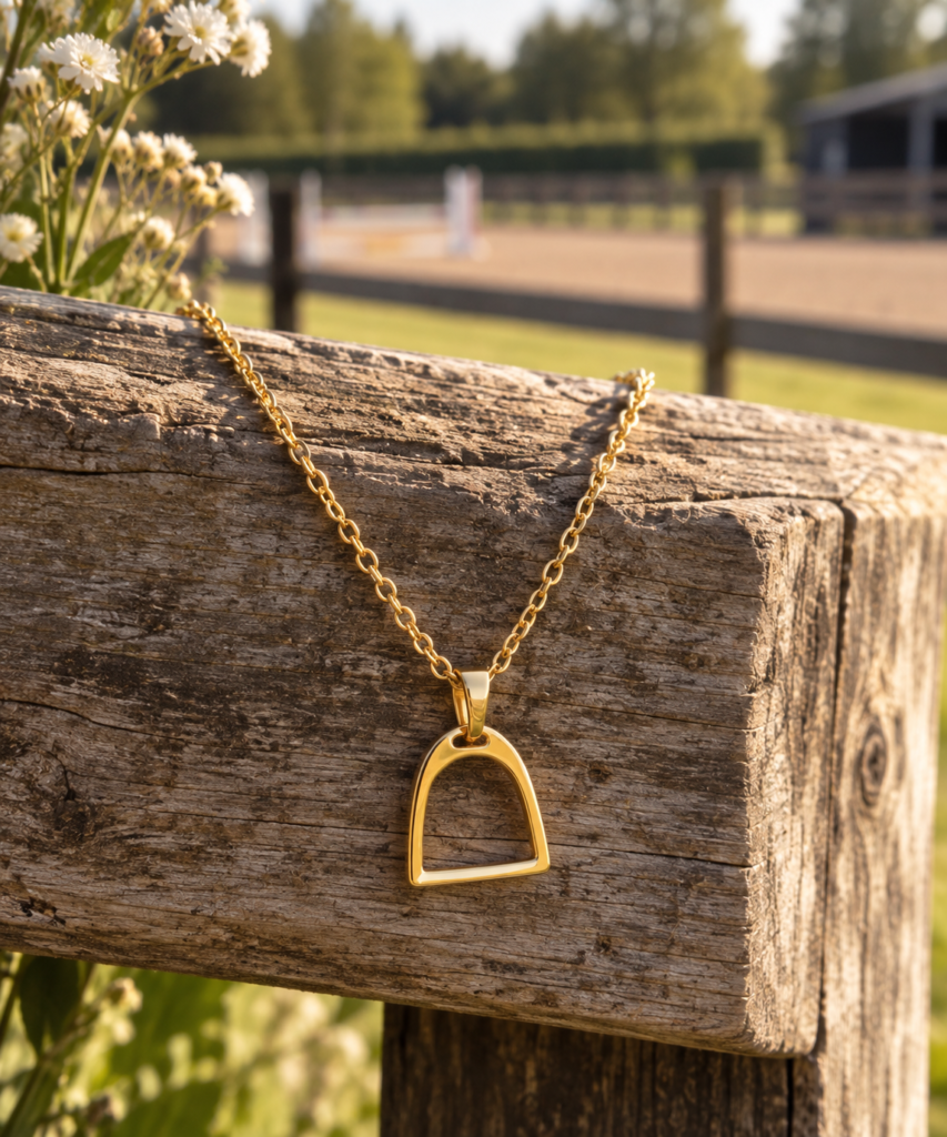 A gold horse stirrup pendant necklace rests on a weathered wooden fence post. In the blurred background, a sunny equestrian training arena with white jump poles is visible under soft, natural lighting. White flowers appear in the upper left-hand corner.