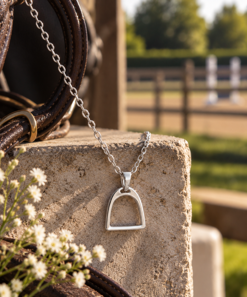 A silver necklace with a stirrup-shaped pendant rests on a stone surface. Leather straps, white flowers, and a blurry fence and greenery appear in the sunny background.