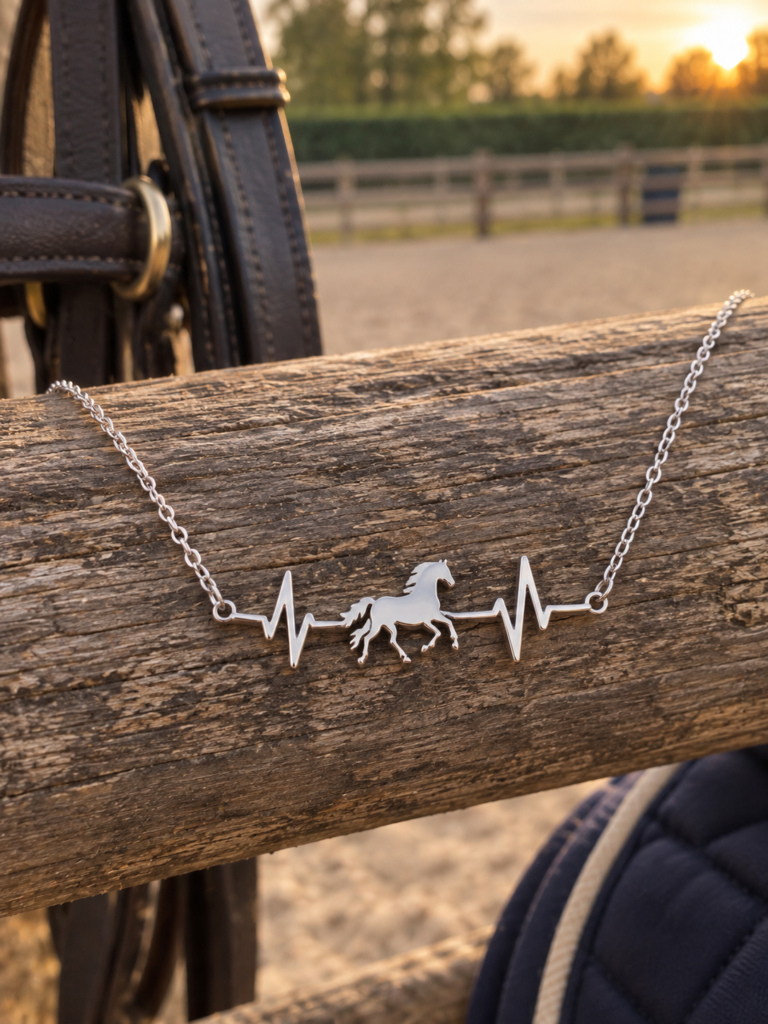 A silver necklace with a heartbeat line and a horse silhouette pendant hangs on a wooden fence, with a saddle and riding arena visible in the background at sunset.