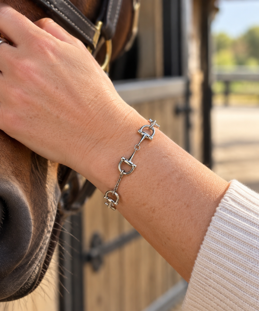 A person wearing a silver horse-bit bracelet gently touches a horse's face near a wooden stable, with sunlight illuminating the scene.