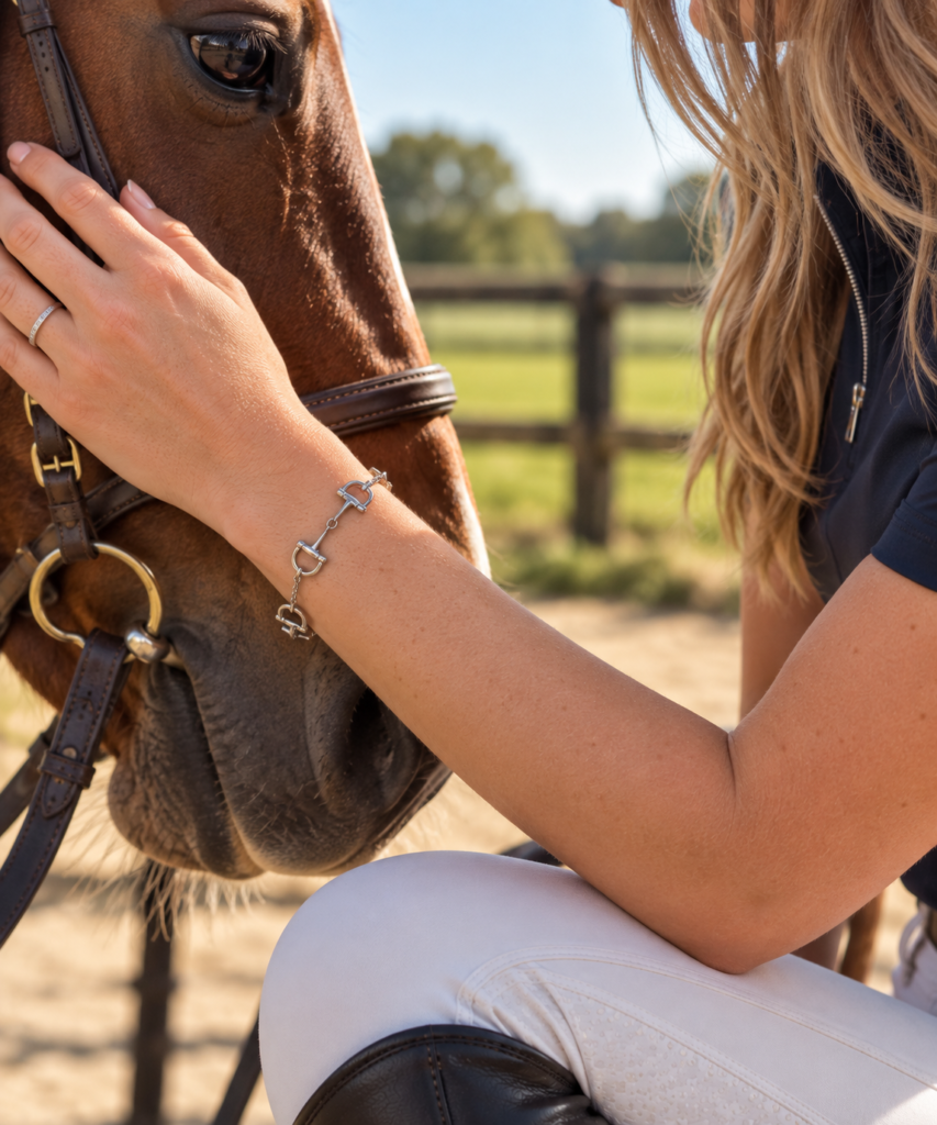 A person in equestrian attire gently touches a brown horse's face, showing a silver horse bit bracelet on their wrist. They are outdoors near a wooden fence with green fields in the background.
