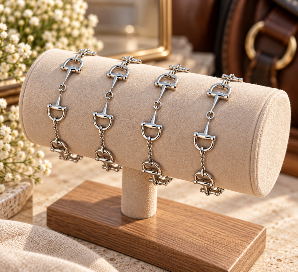 Three silver chain bracelets with equestrian-inspired clasps displayed on a beige velvet jewellery stand, with flowers and a brown leather bag in the background.