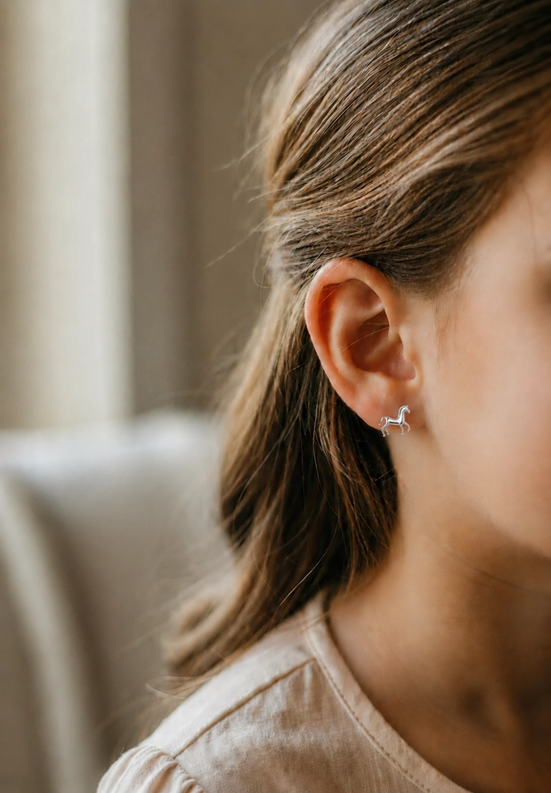 Close-up of a young girl’s ear adorned with the Tiny Horse Earrings, crafted from silver. Her brown hair is pulled back, and she is wearing a light beige top. The softly blurred background highlights the delicate design of the horse-themed jewellery.