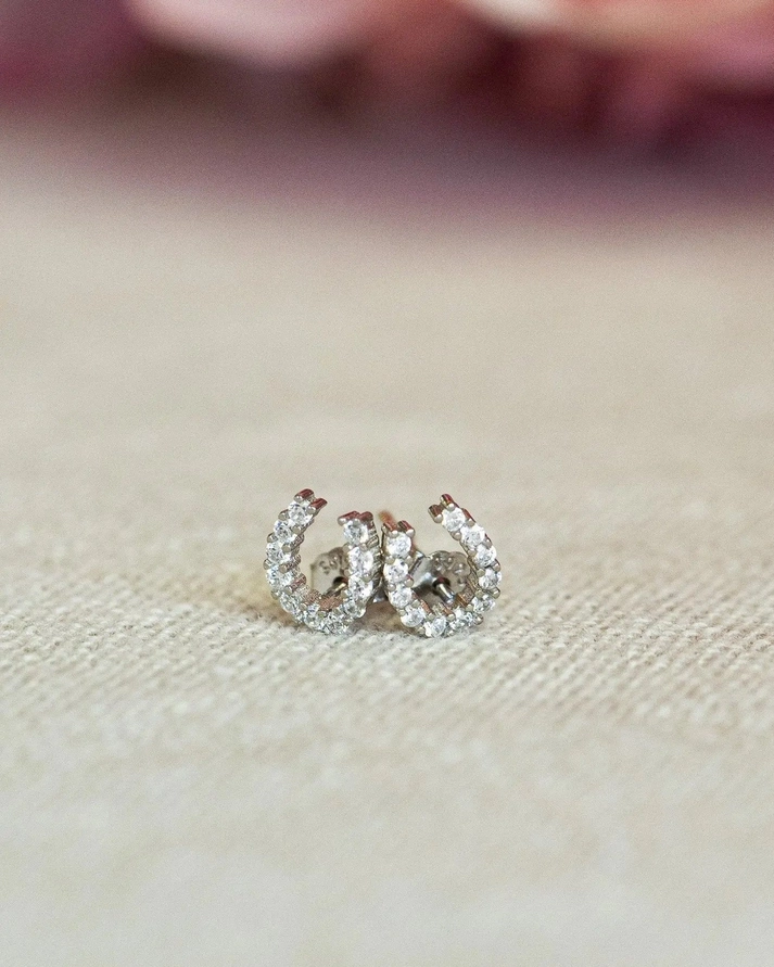 A pair of Luxe Horseshoe Earrings, small and silver with sparkling clear stones, rests on a textured beige surface against a blurred pink background.