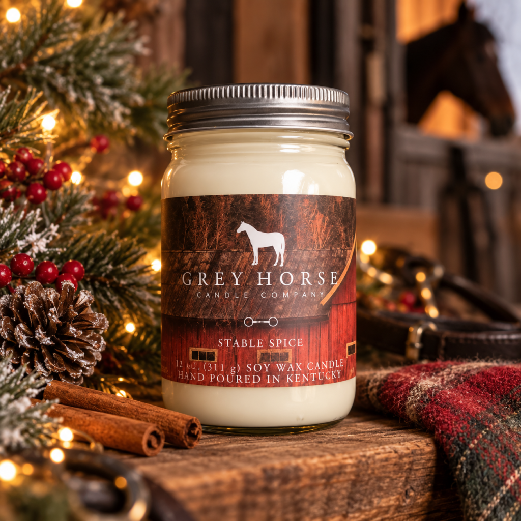 A Grey Horse Candle Company jar labelled Stable Spice sits on a wooden surface near cinnamon sticks, pine branches with berries, and a cosy plaid blanket. Blurred holiday lights and a horse in a barn appear in the background.
