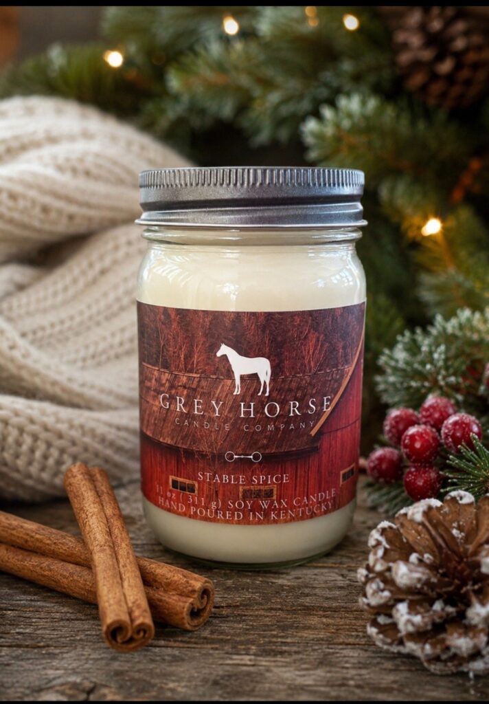 A Stable Spice Jar sits on a table with cinnamon sticks, pine cones, a cream knitted blanket, and festive greenery with red berries in the background.