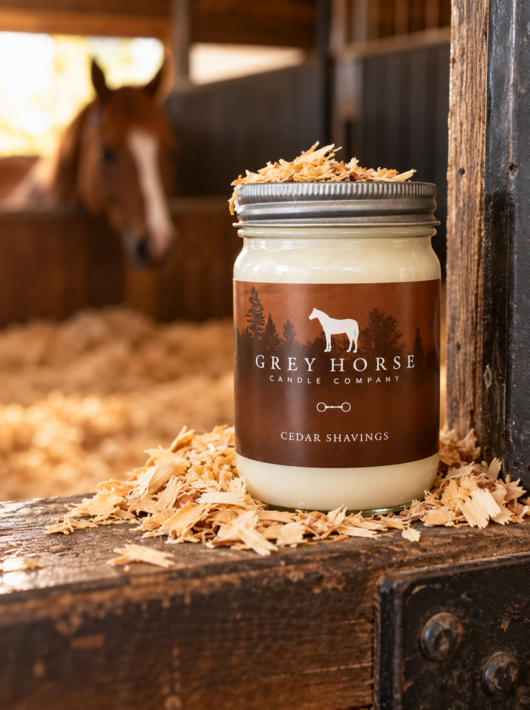 A Grey Horse Candle Company jar labelled Cedar Shavings sits on a stable ledge, surrounded by wood shavings, with a horse standing in the background inside a stall.