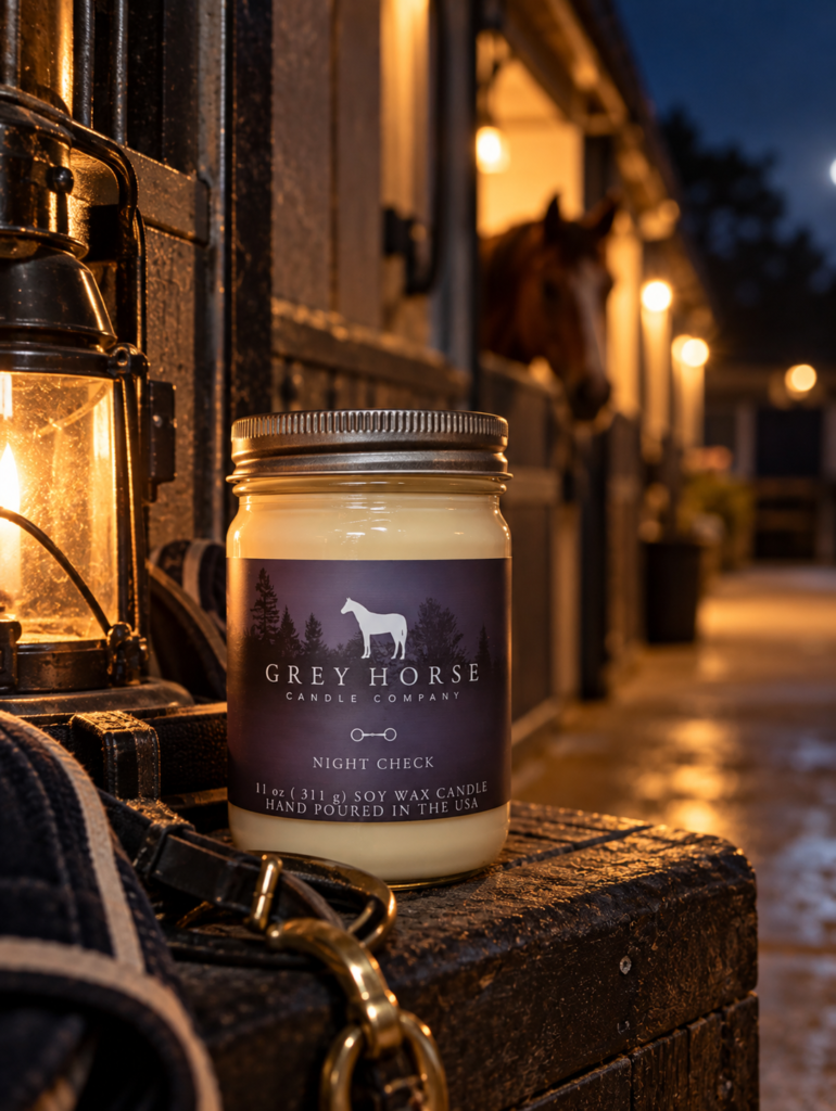 A Grey Horse Candle Company Night Check soy candle sits on a stable ledge next to a lantern and horse headcollar, with a horse visible in the background inside a dimly lit barn at dusk.
