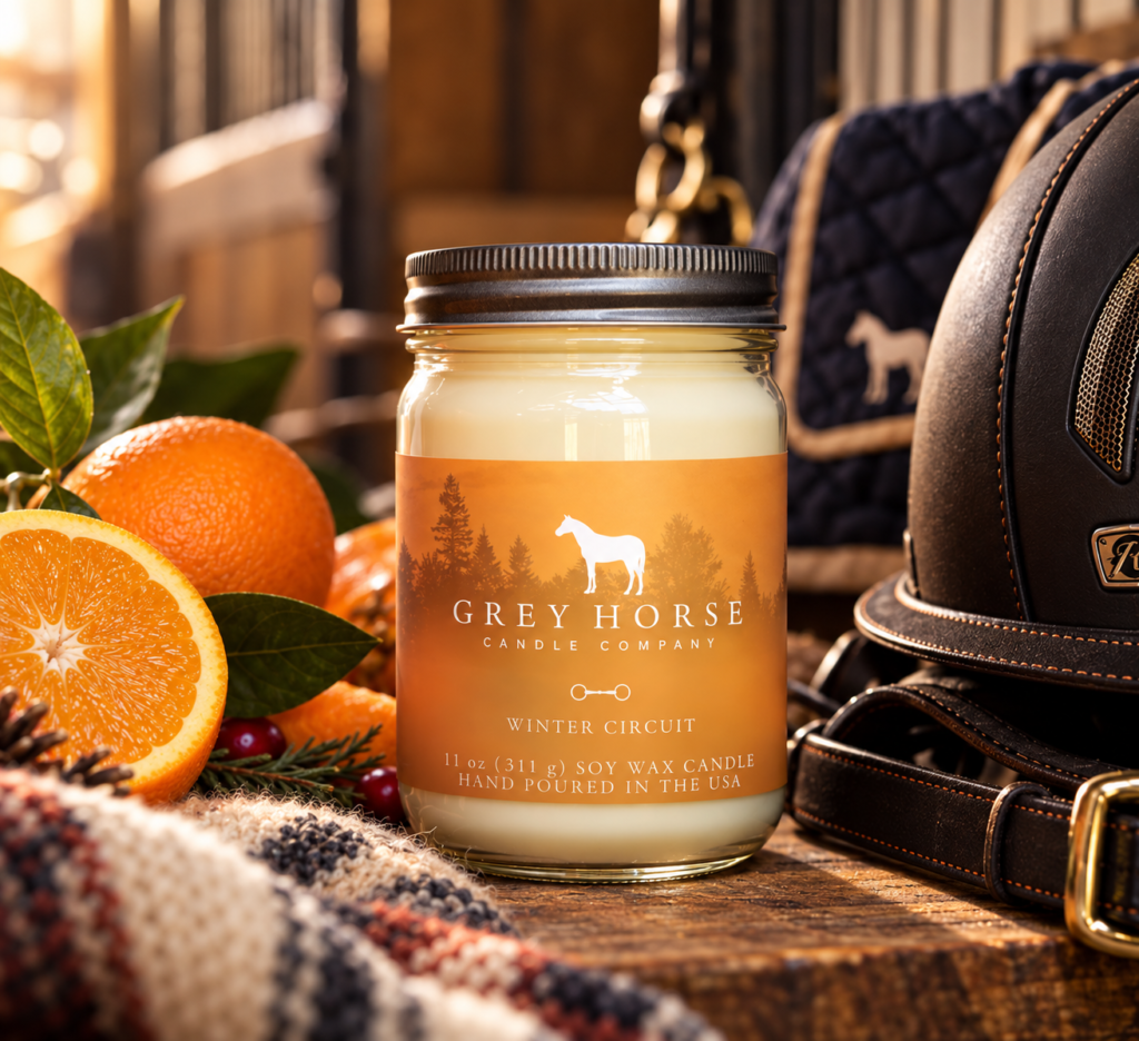 A Grey Horse Candle Company soy candle sits among oranges, leaves, a striped blanket, and riding gear on a rustic table, with warm sunlight shining in the background.
