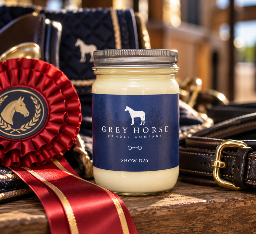 A Grey Horse Candle Company Show Day candle sits on a wooden surface with a red rosette, horse tack, and quilted kit bag nearby, all in an equestrian setting.