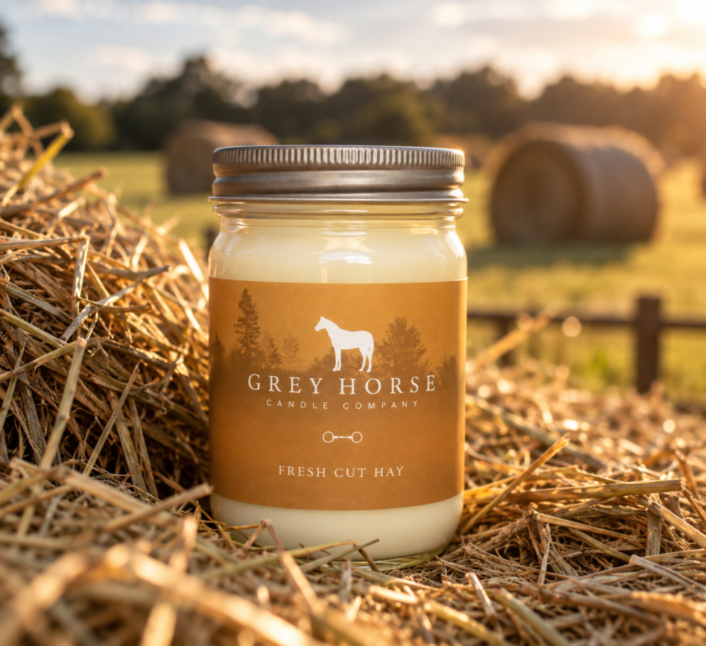 A Grey Horse Candle Company jar labelled Fresh Cut Hay sits on a pile of hay in a sunny field with hay bales and trees in the background.