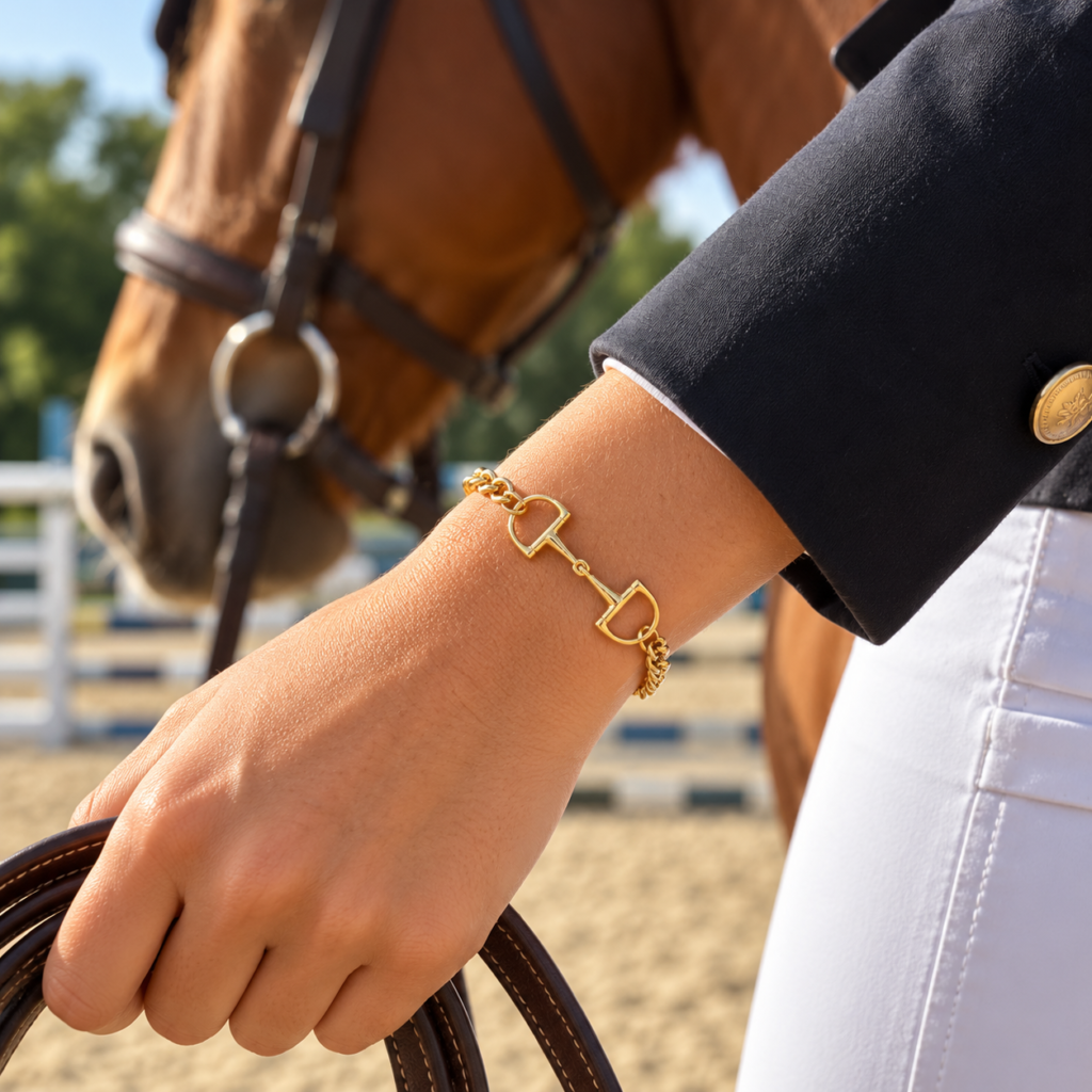 A gold horse bit bracelet on a person's wrist, with a horse and equestrian attire in the background.