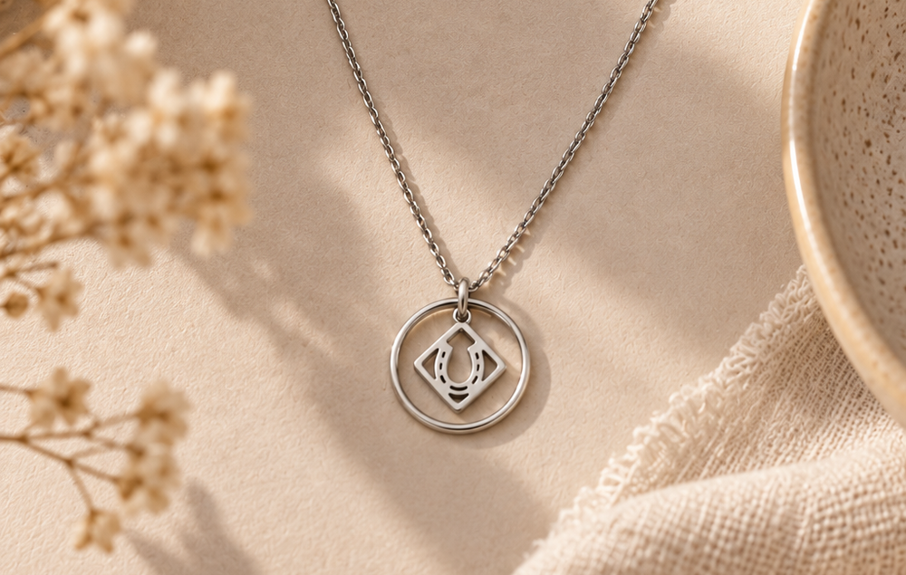 Silver chain necklace with a pendant featuring a small diamond shape inside a circle, containing a cut-out horseshoe design.