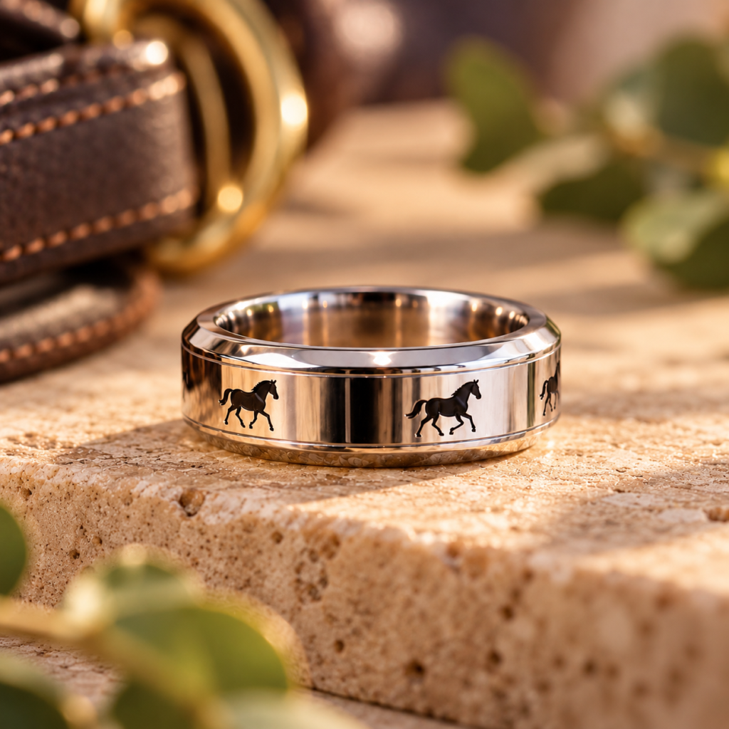 Silver-toned ring featuring an engraved pattern of horses in motion, resting on a stone surface.