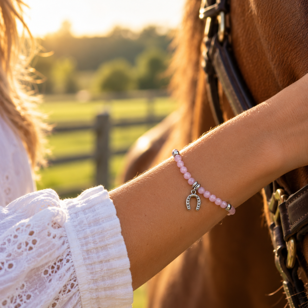 An Azure Bracelet featuring a blue gemstone design with a small horseshoe charm, worn on a person’s wrist next to a horse.